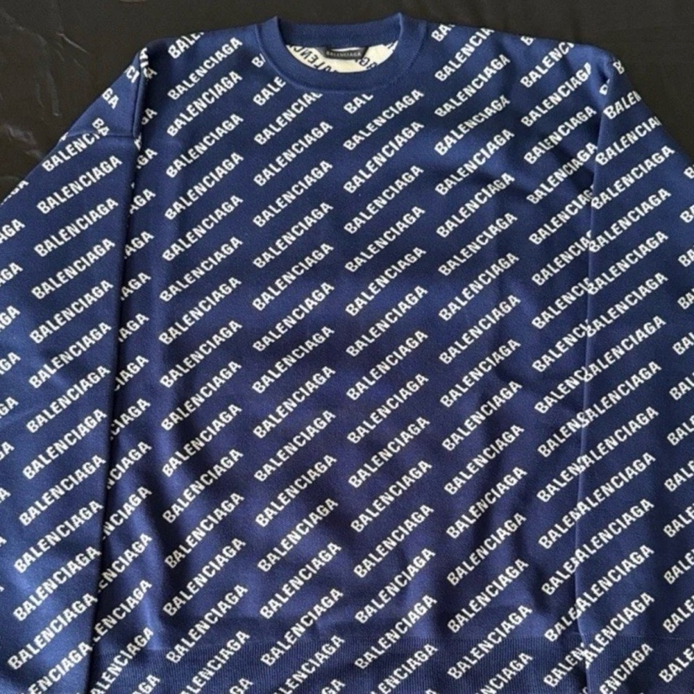 Balenciaga Navy and White Logo Crewneck Sweater
